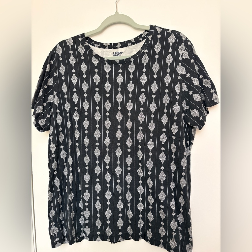 Lands' End Black Tee with White Geometric Medallion Pattern